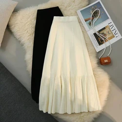 Elegant Black Knitted Midi Skirt Women Fashion Patchwork White Pleated Skirts Fall Winter Elastic High Waist Slim A Line Skirt