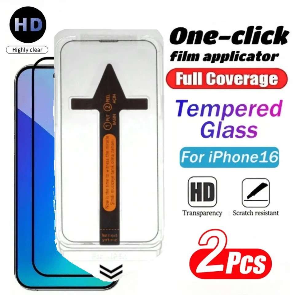 

2Pcs One Click Dust Free Tempered Glass for IPhone 17 16 15 14 13 Pro Max 16e 15 14 Plus 17Pro 17 Air 17 Plus Screen Protectors