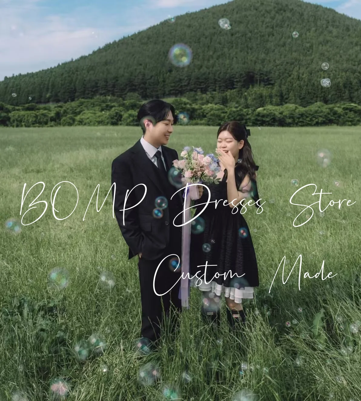 BOMP-vestido corto de fiesta de boda con contraste, tirantes finos, corte en A, satén negro, sesión de fotos de Corea, vestido de recepción nupcial personalizado Simple