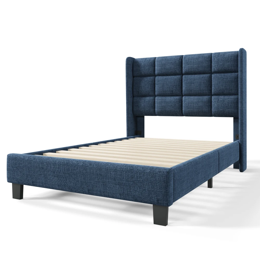 PINGGO Modernes Gepolstertes Einzelbett 90x200cm Blaues Leinen Gepolstertes Kopfteil Schiefergitter Mittlere Festigkeit Ohne Matratze – Detail 7