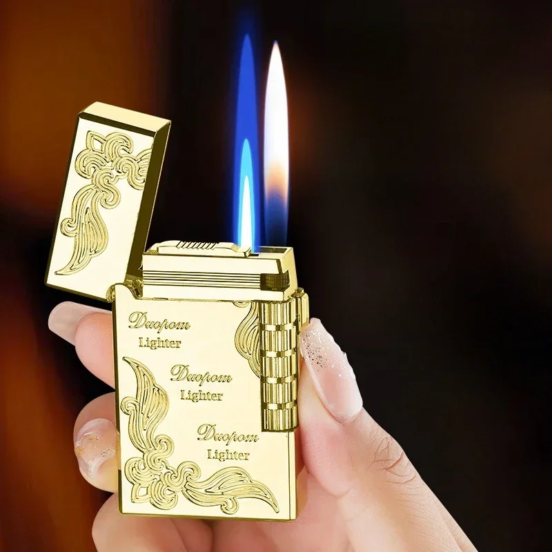 2024 Classic Retro Loud Voice Double Fire Inflatable Lighter Side Pulley Ignites Open Flame Switching Jet Flame Fun Gas Lighters