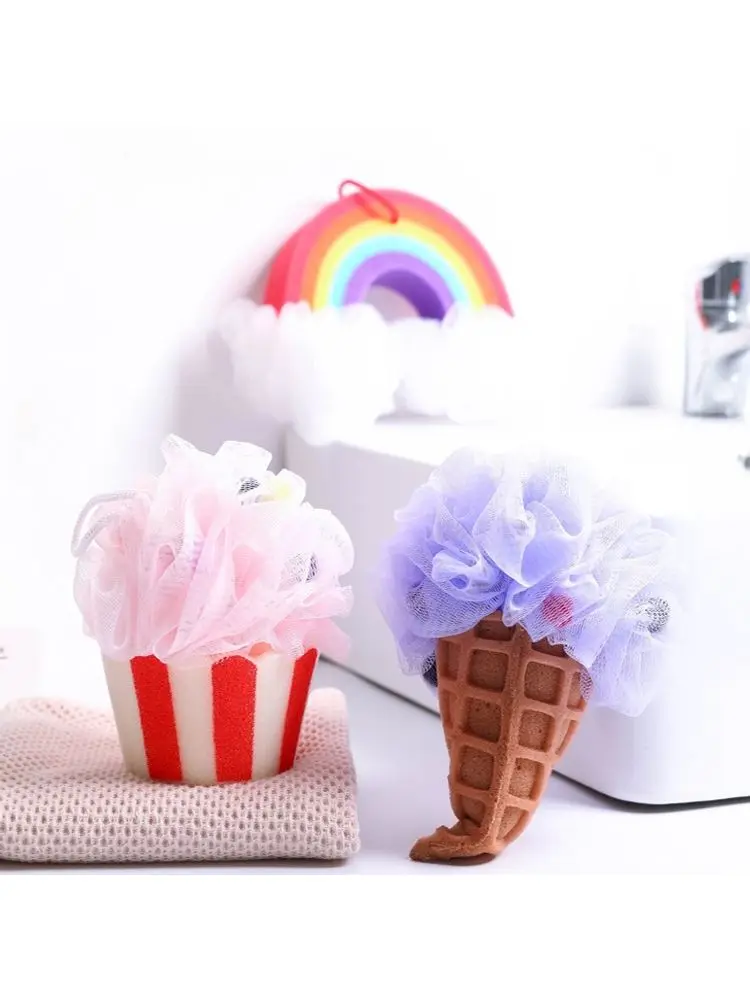 Bath Ball Shower Rainbow Ice Cream Body Scrubber Mesh Foaming Sponge Puffs Loofahs Exfoliating Scrubber Cleaning Tool