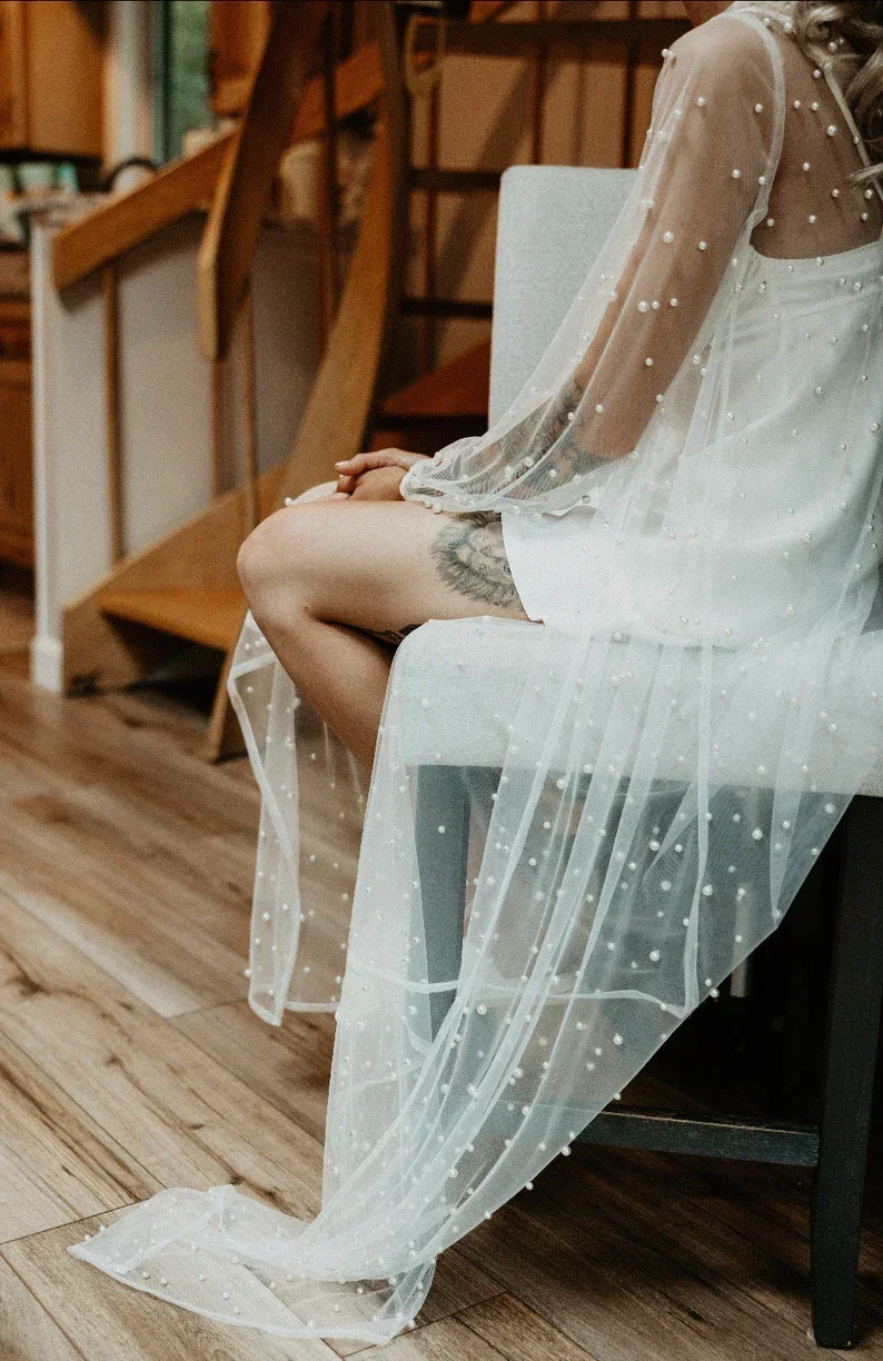 Pearl Long Sleeve Wedding Jacket Tulle Party Shawl BOLERO Floor-Length Bridal Cape Sexy pearl robe Customized