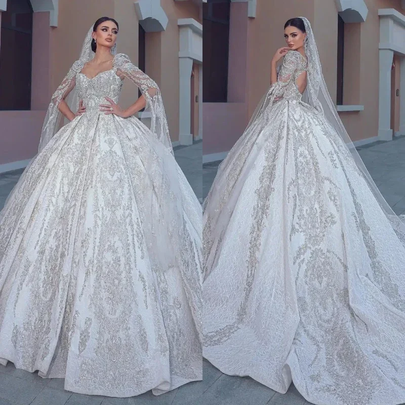 

Customized Luxurious Ball Gown Wedding Dresses for Women Beading Rhinestones Lace Bridal Gown Chapel Train Vestido De Noiva Boda