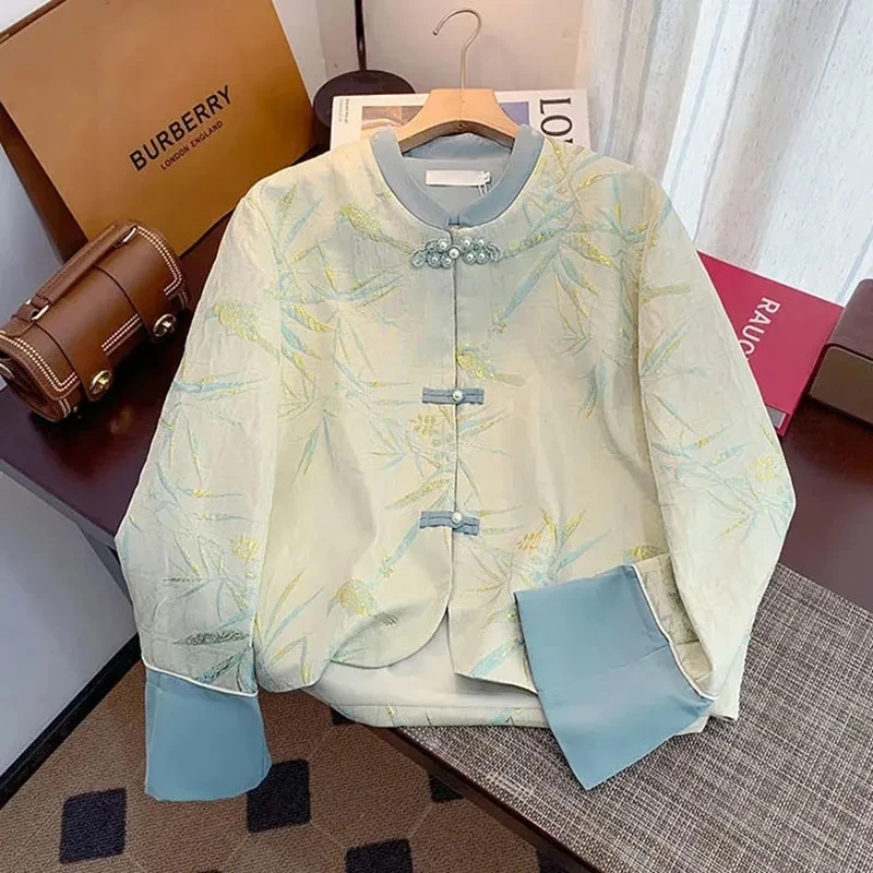 

New Chinese Style National Style Bronzing Printed Button Shirt Jacket Women Spring/fall 2024Vintage Improved Cheongsam Coat lady