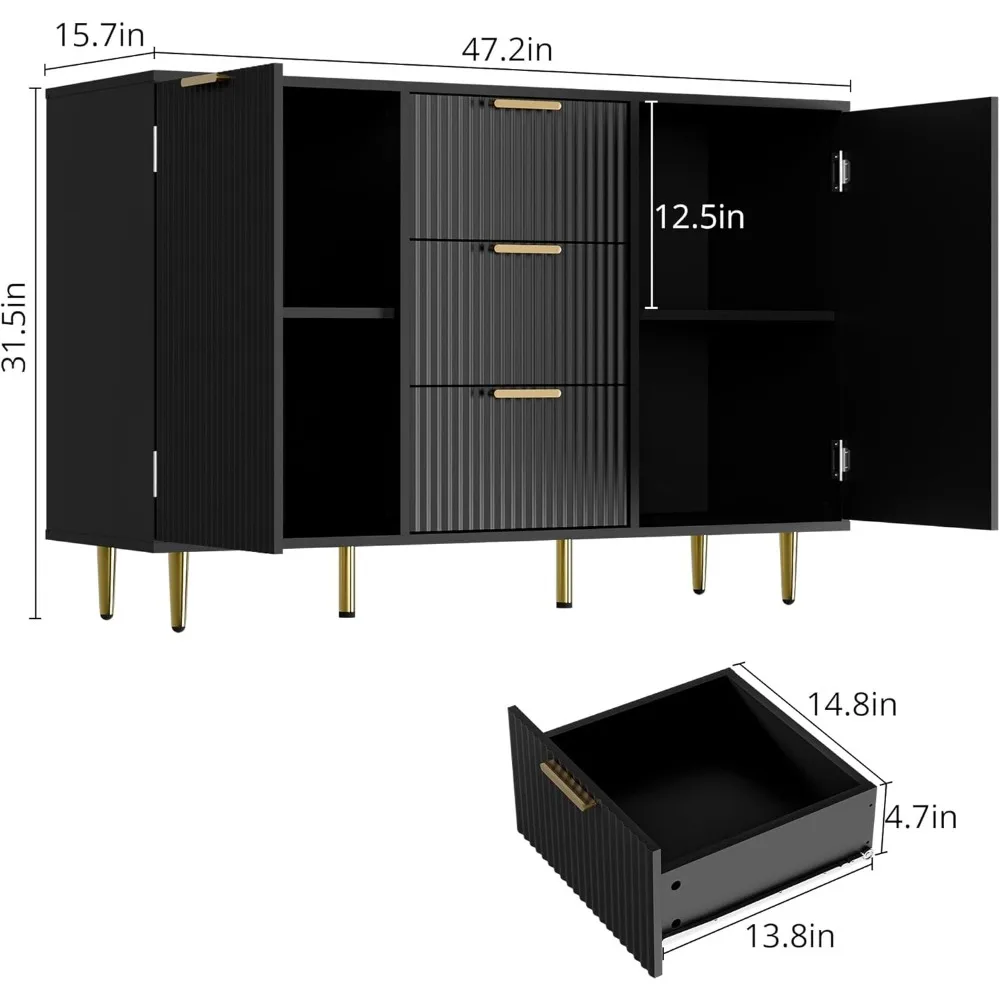 Mobiletto decorativo moderno con 3 cassetti e 2 ante, credenza da cucina con ripiani regolabili, nero