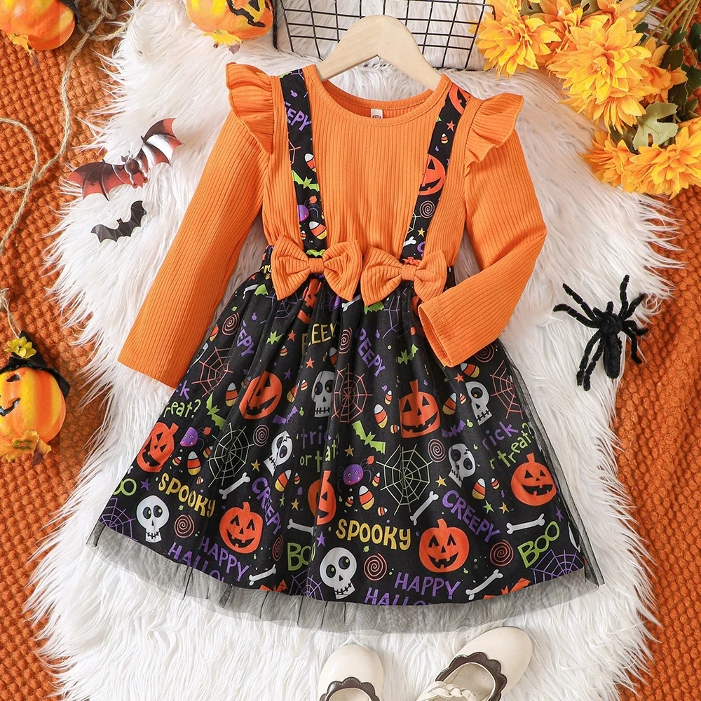 

Baby Girls Dress Halloween Mesh Dress Long Sleeve Kids Girls' Cartoon Print Skirt For Fall/Winter Parties Children Clothing