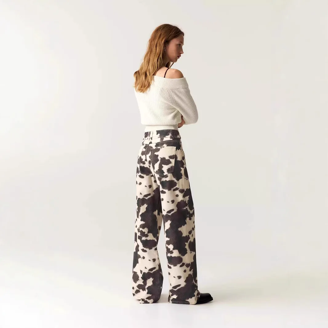 Waed vintage americano vaca padrão solto perna larga em linha reta casual longo jeans feminino faion cintura alta cor profunda primavera