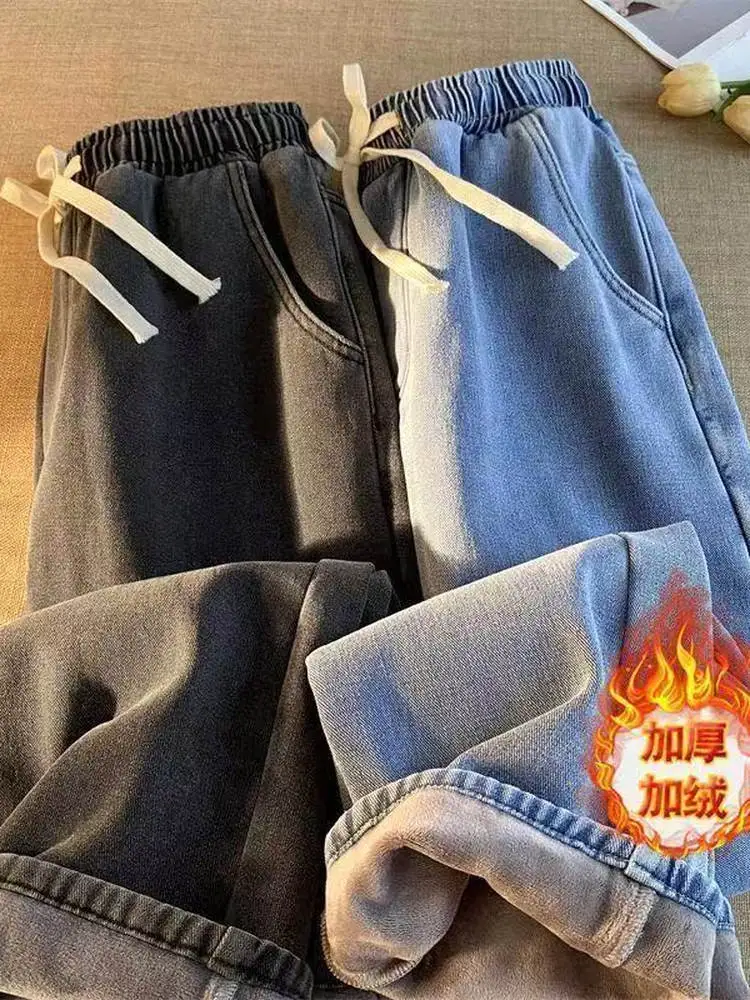 

Синие прямые джинсы Thiened Fce в стиле ретро, мужские осенне-зимние широкие брюки свободного покроя с эластичной резинкой на талии, вельветовые утягивающие брюки