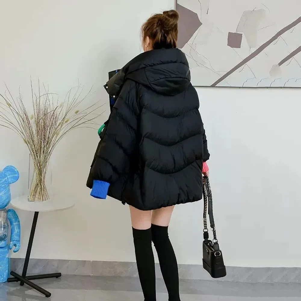 Winter Parkas Coat Women Black Cotton Jacket Loose Thicken Warm Outerwear Contrast Color Hooded Female Casual Pocket Jackets