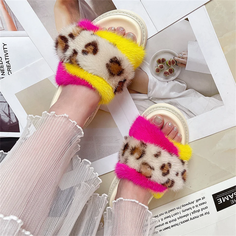 

Luxury Fashion Fur Slippers High Quality Mink Fur Slippers Ladies 100% Mink Fur Slippers Flat Heel Slippers Summer Women Shoes