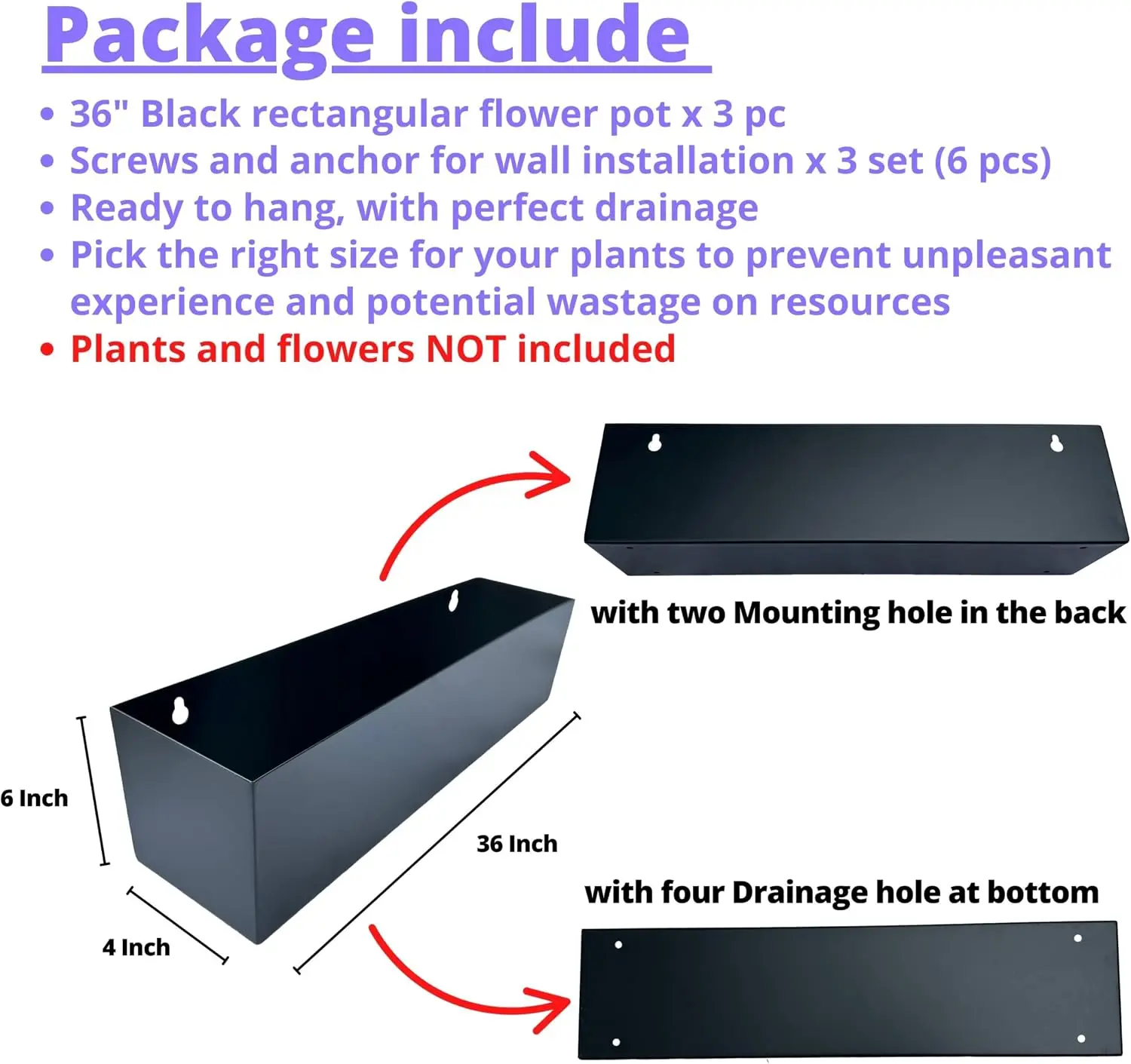 Set of 3 Black Carbon Steel Wall Mount Rectangular Plant Planter Boxes 36 Inch Long Hanging Metal Flower Containers for Succulents Herbs Flowers Window Sill Balcony Fence Deck Outdoor Garden Greenery Decor