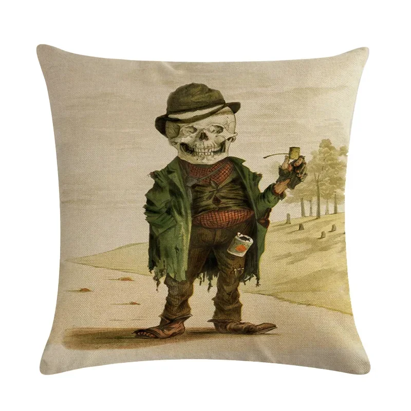 Cartoon Skull Print Linen Pillowcase Halloween Casual Party Sofa Decorative Cushion Cover 45*45cm