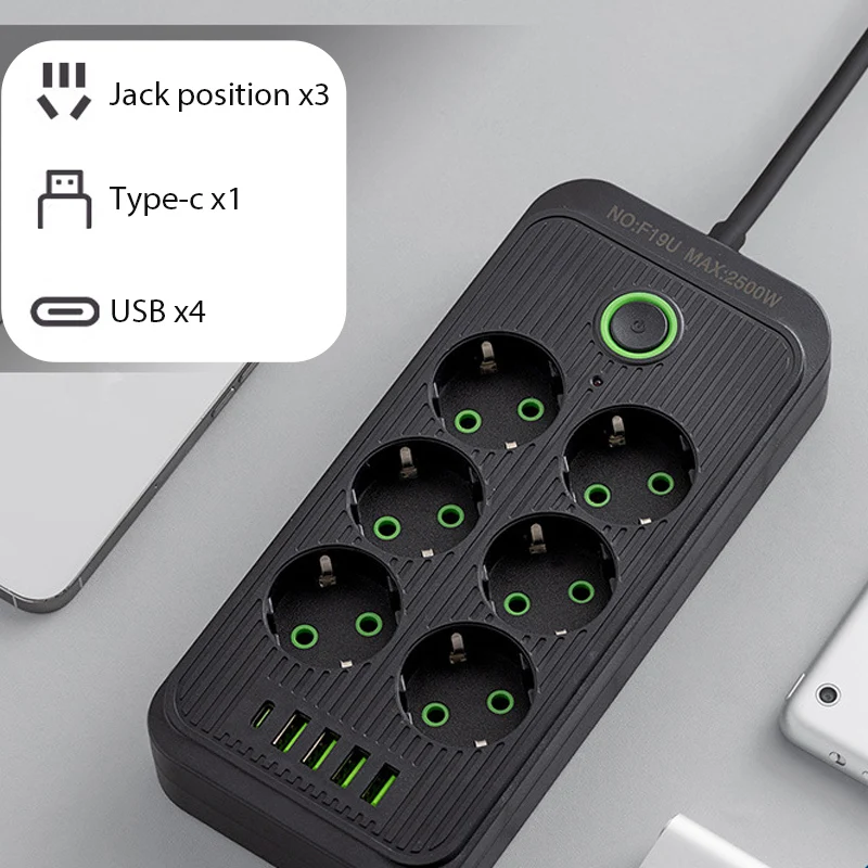 EU Plug Power Strip 2M Extension Cable Multiprise 6AC Outlets Electrical Socket with 4 USB 1 Type-C Network Filter Fast Charging