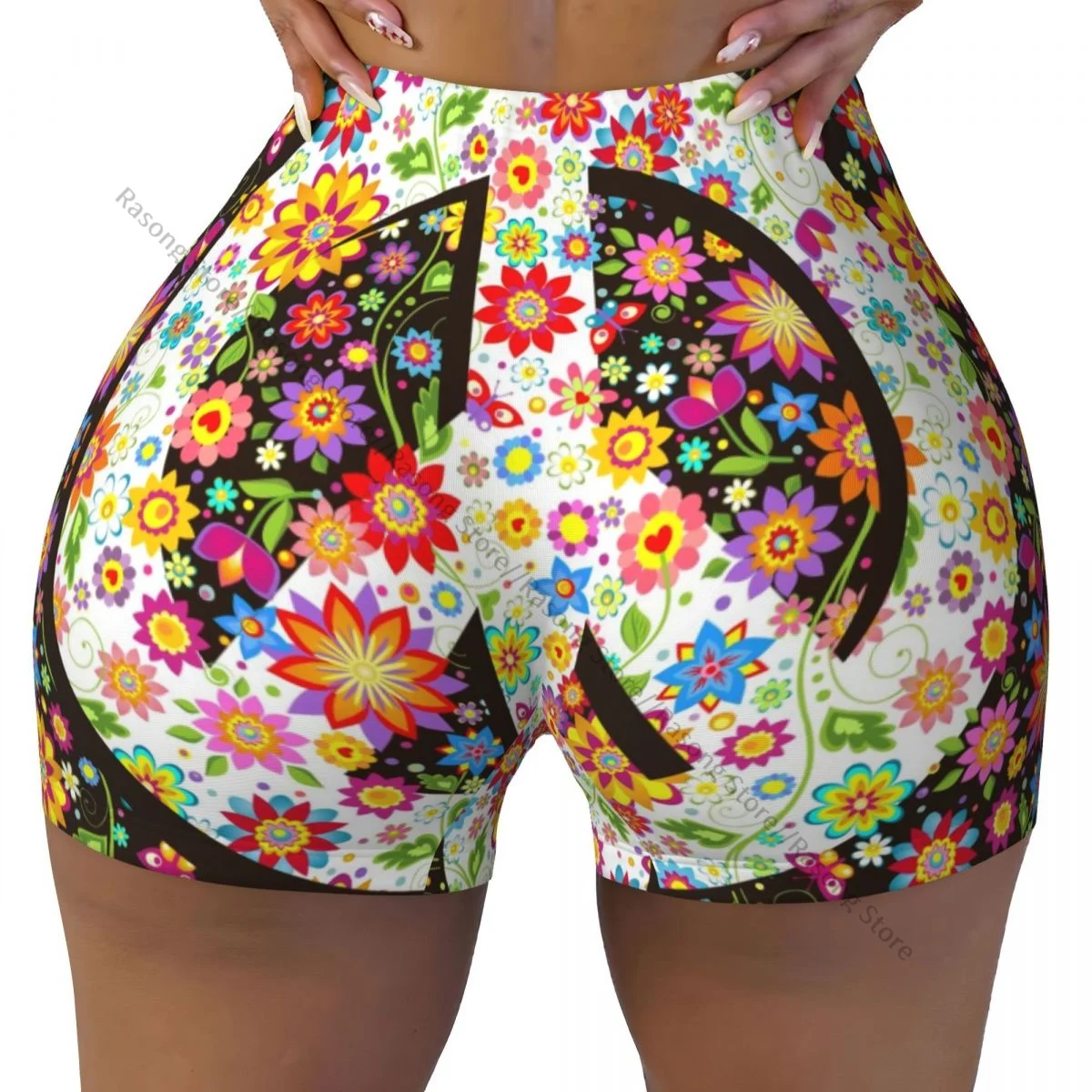 Women Yoga Shorts Hippie Flowers Peace Symbol Workout Shorts Fitness quick-dry Ladies Yoga Gym Running Short Pants Sportswear