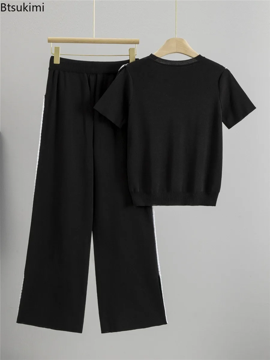 Sports Suit Women's Summer Off Shoulder Knitted Short Sleeved Top Fashionable and Casual Wide Leg Pants Slimming Two-piece Set