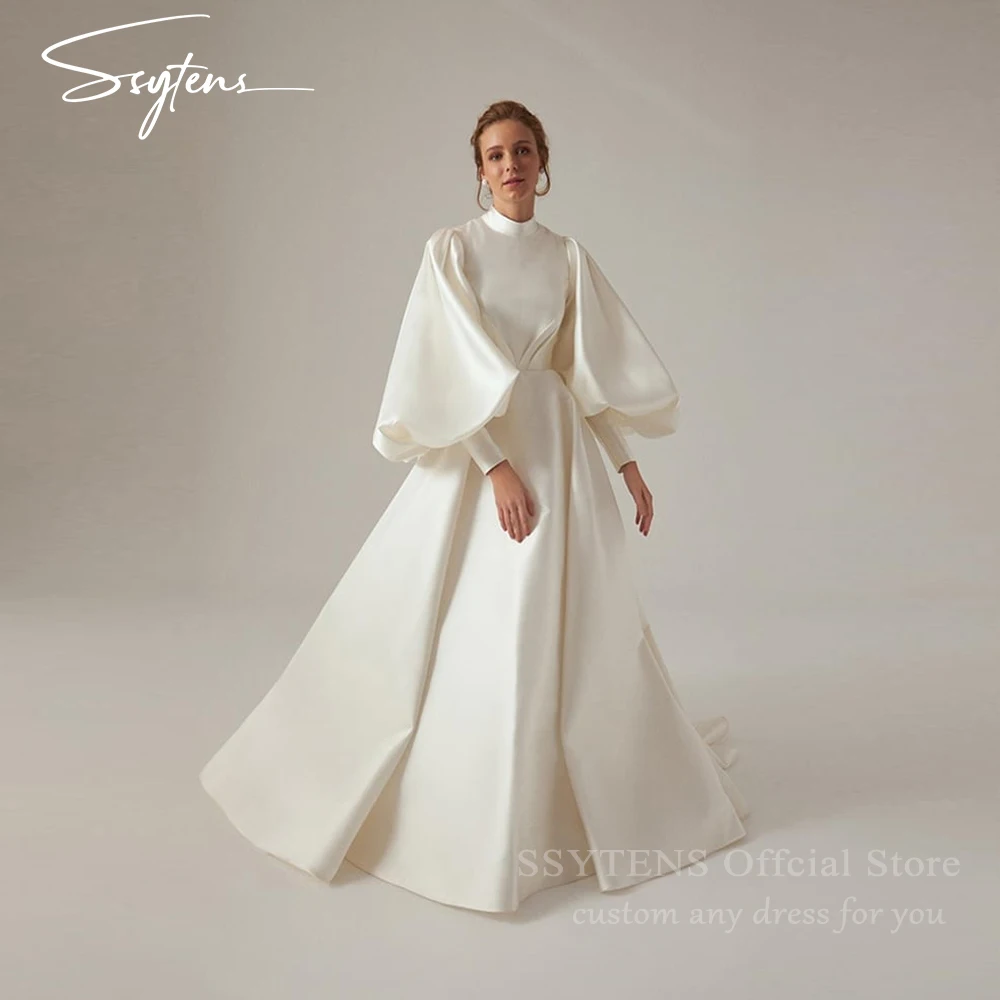 

SSYTENS Muslim Wedding Dresses Fold Puff Sleeve Brides Satin Customized Elegant Civil Bride Gown Floor Length robe de mariée