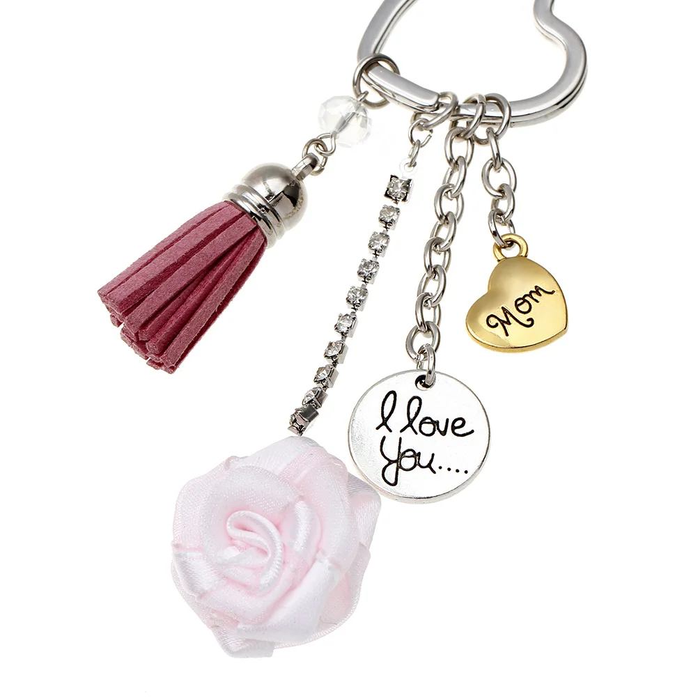 

Heart Shaped Rose Pendant Keychain I Love You Mom Keyring Mothers Day Gift Fashion Tassel Key Chain Decorative Handbag Accessory