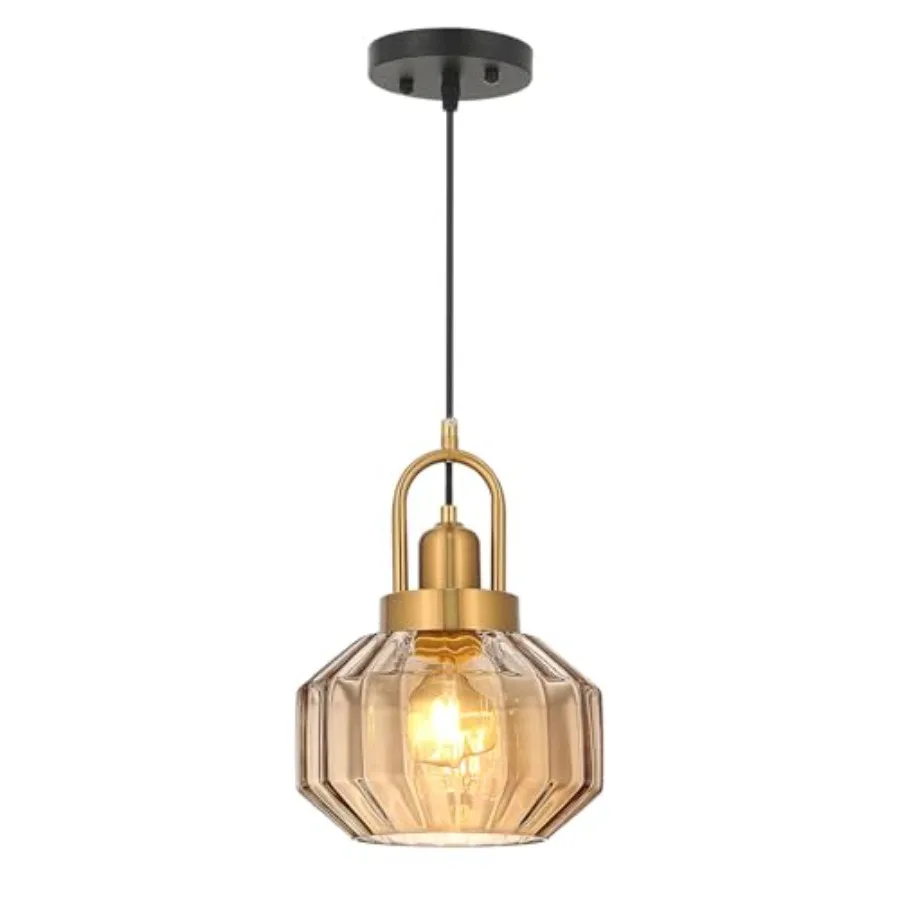 

9in Mid Century Modern Amber Glass Pendant Light Fixture Small Gold Kitchen Island Pendants Light Glass Ceiling Hanging Lamp fo