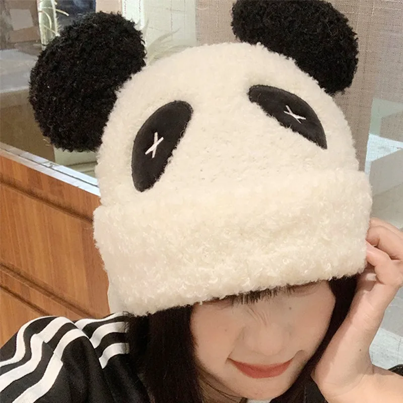 Cartoon Panda Hat Warm Winter Lamb Fur Cap Cute For Women Warm Wool Casual Foldable Panama Bonnet Cable Lady Outdoor Sunscreen