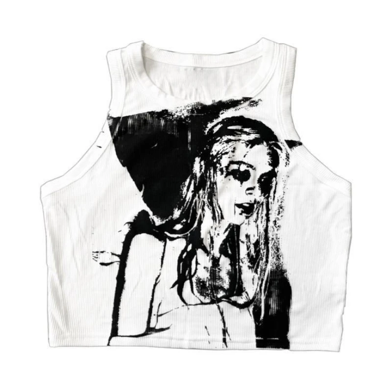 New women's fashion temperament commuting sleeveless round neck solid color printed crop top tank top T-shirt for women