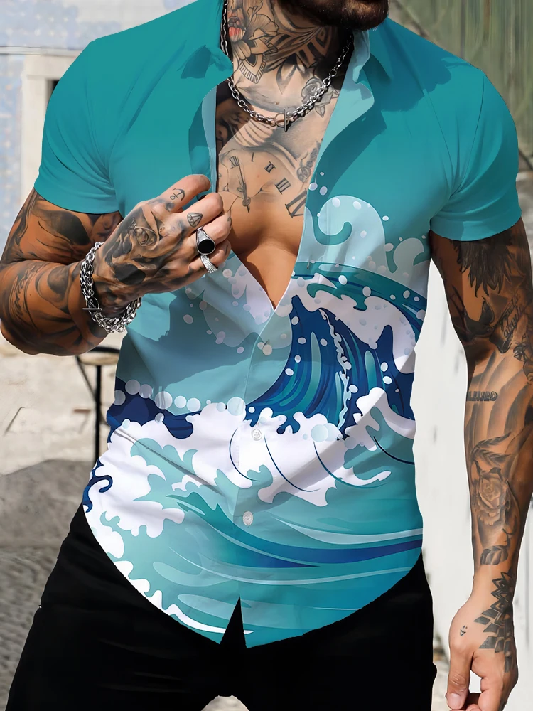 

Hawaii Beach Fashion Men's Shirt Loose Comfortable Breathable Summer Short Sleeve Shirt Sea Waves 3d Digital Printing Shirt Top