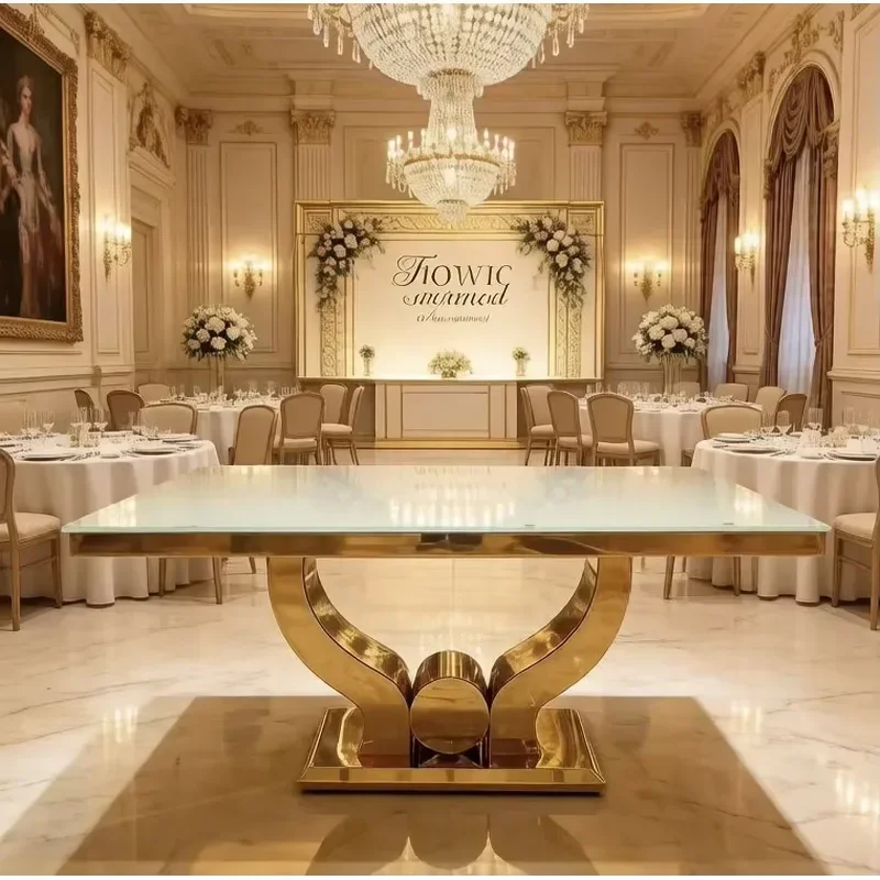 Square Tempered Glass Dining Table with Polished Gold & Silver Curved Stainless Steel Base for Wedding Banquets &