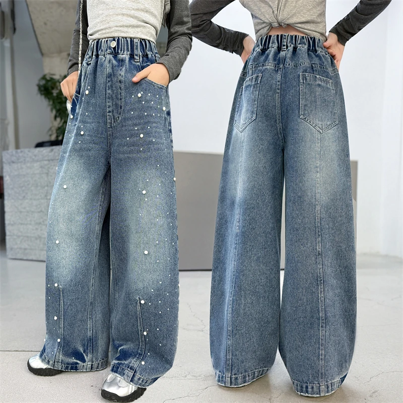 Girls Jeans Spring Autumn 2026 Casual Cute High Waist Loose Fit Vintage Washed Jeans Pearl Decor Wide Leg Pants for Kids