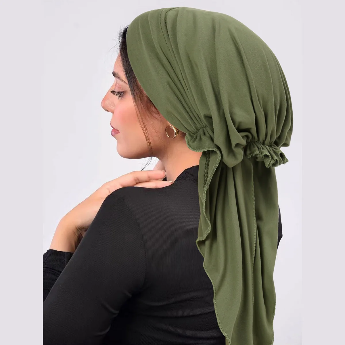 Solid Color Muslim Fashion Hijab Turban Hats Long Tail Head Wraps Elastic Hijab Hats Breathable Chemo Cap For Women Girls