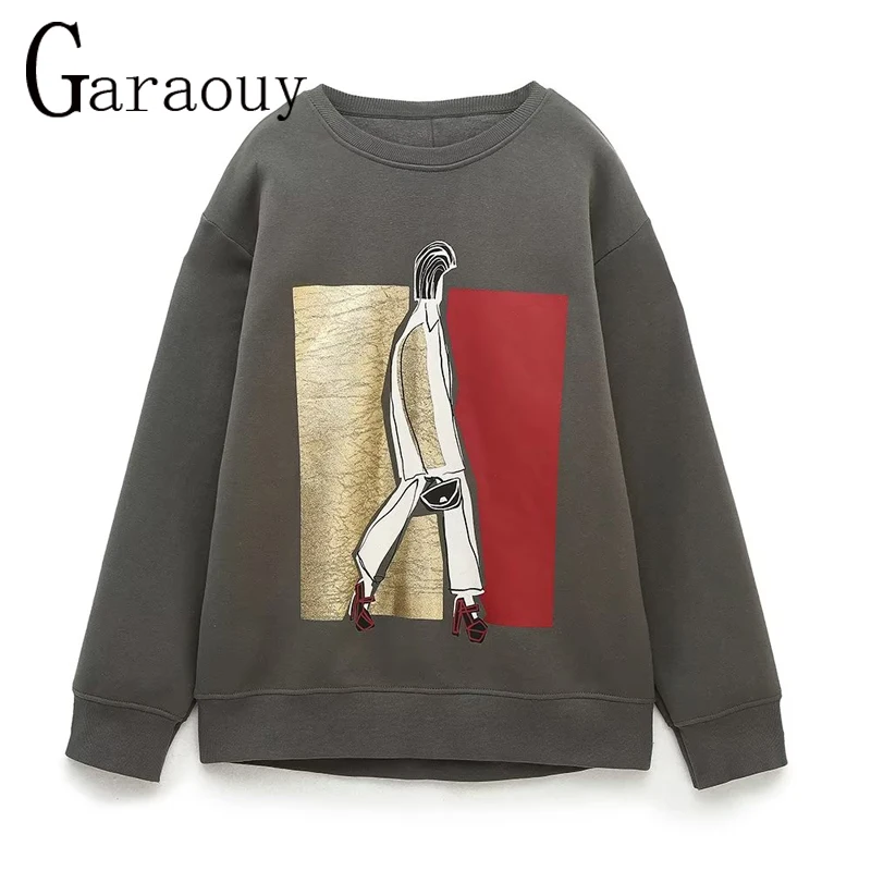 Garaouy 2023 Spring Autumn Chic Girl Print Sweatshirt Woman O Neck Loose Pullover Casual Versatile Contrast Sportswear Mujer Top