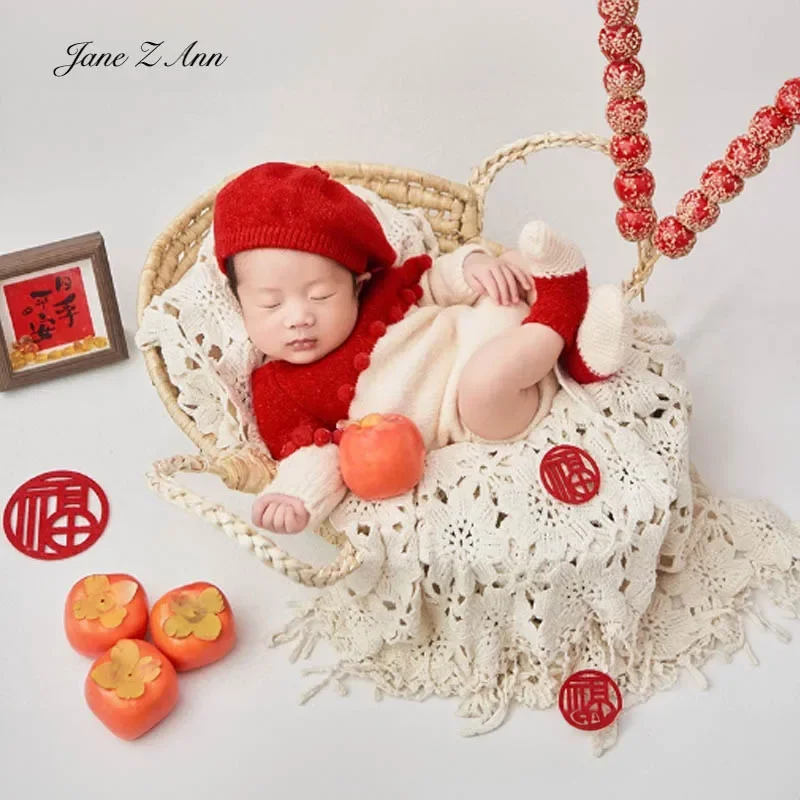 New Year Newborn Baby Photo Shoot Props Outfits Crochet Clothes Red Hat dot  bodysuit socks Photography Props