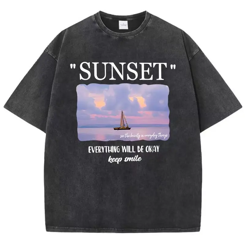 Punk Style Washed Black Sunset Printed Oversized Tshirts Women Clothes Short Sleeve 100% Cotton Casual Cool Tees Men Summer 2026
