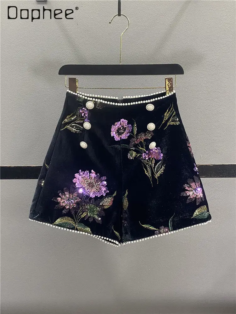 

French Heavy Embroidery Sequin Velvet Shorts Women Spring New Fashion Elegant Socialite High-waist Slim A-line Wide-leg Pants