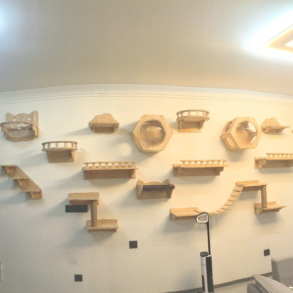 Полки для лазанья для кошек, настенные деревянные кошачьи деревья, окунь, когтеточка для кошек, гамак и дом для котенка, играющих в коготь, шлифовка