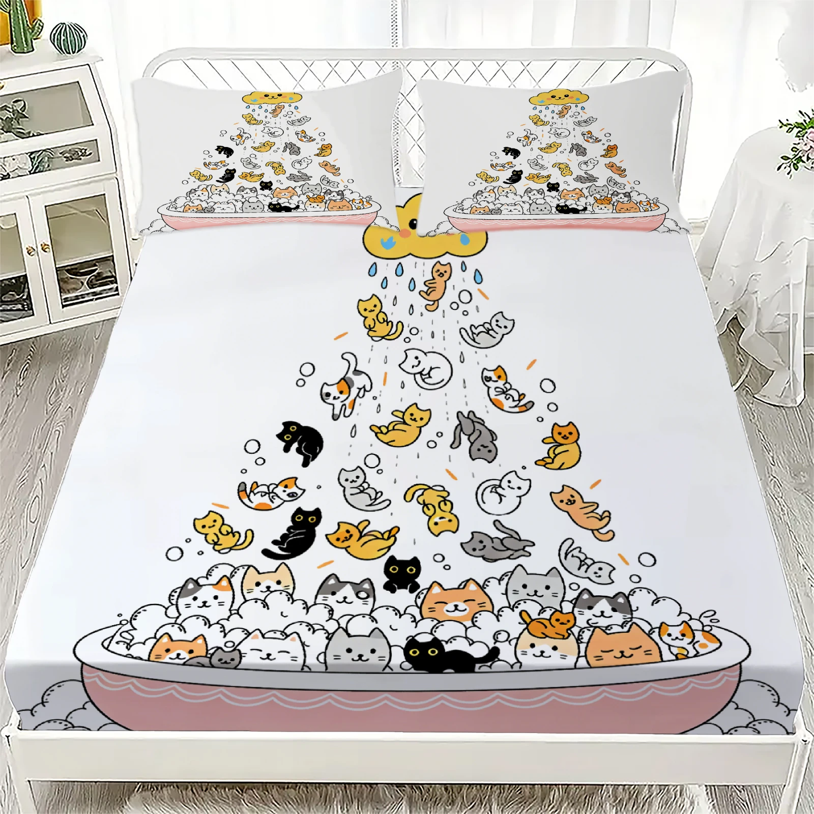 

Cute Cats In Bathtub Fitted Sheet Set White Cartoon Cat Pattern With Pillowcases For Bedroom