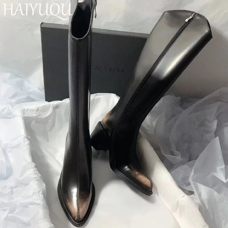 Women Pointed Toe High Boots Leather High Heels Shoes Woman 2025 Trend Fashion Winter Retro Pumps Motorcycle Boots Mujer Botas image 4