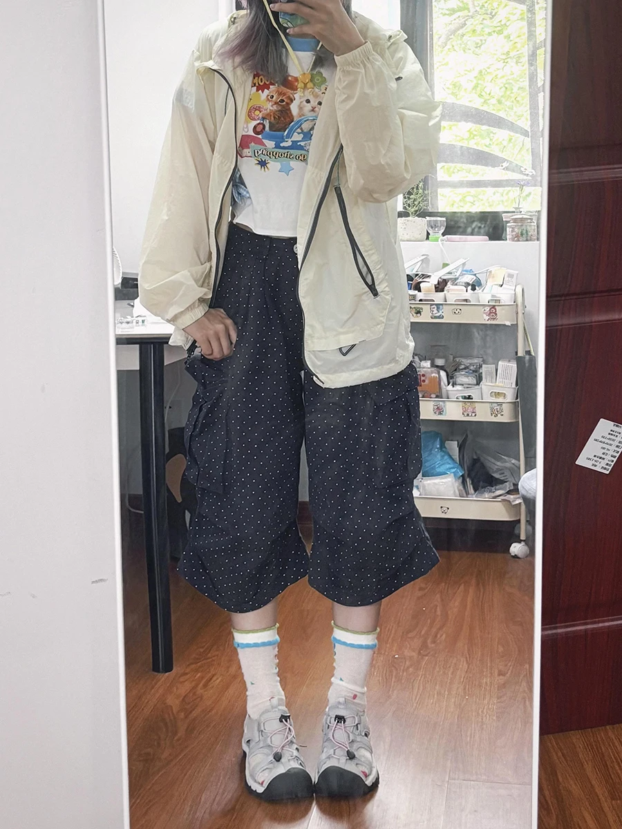 PBAP Summer Women Polka Dot Baggy Jorts High Rise Pleated Multi-pocket Blue Wide Leg Cargo Shorts Korean Casual Everyday Wear