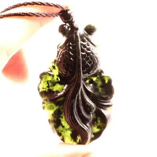 Chinese black Jade Goldfish Pendant Necklace Jewellery Fashion Hand-Carved Relax Healing Man Women Luck Gifts Amulet Free Rope