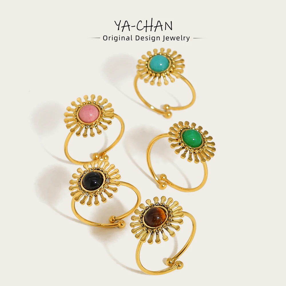 

YACHAN Luxury Natural Stone Stainless Steel Rings for Women 18K Gold Plated Exquisite Adjustable Ring Tarnish Free Jewelry
