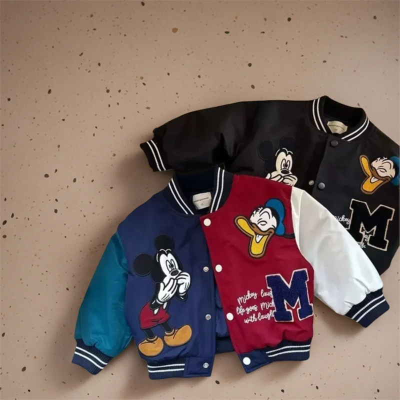 

Детская куртка с принтом Микки, осенне-зимняя детская стеганая куртка для мальчиков и девочек, теплая бейсбольная одежда, верхняя одежда для малышей