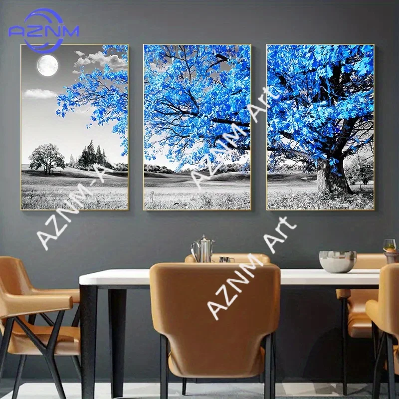 3-teiliges Poster mit blauem Baum in der grauen Landschaft, nordische Wandkunst, Leinwandgemälde für Wohnzimmer, Poster und Drucke, rahmenlose Bilder