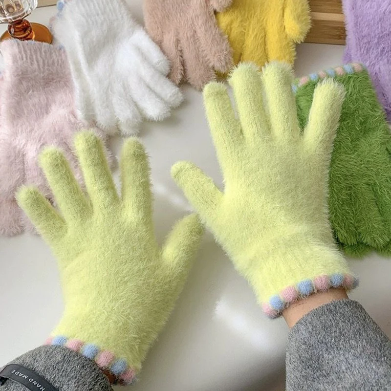 Women Winter Soft Elastic Touch Screen Gloves Warm Plush Lined Knitted Gloves Winter Texting Gloves With Elastic Cuffs