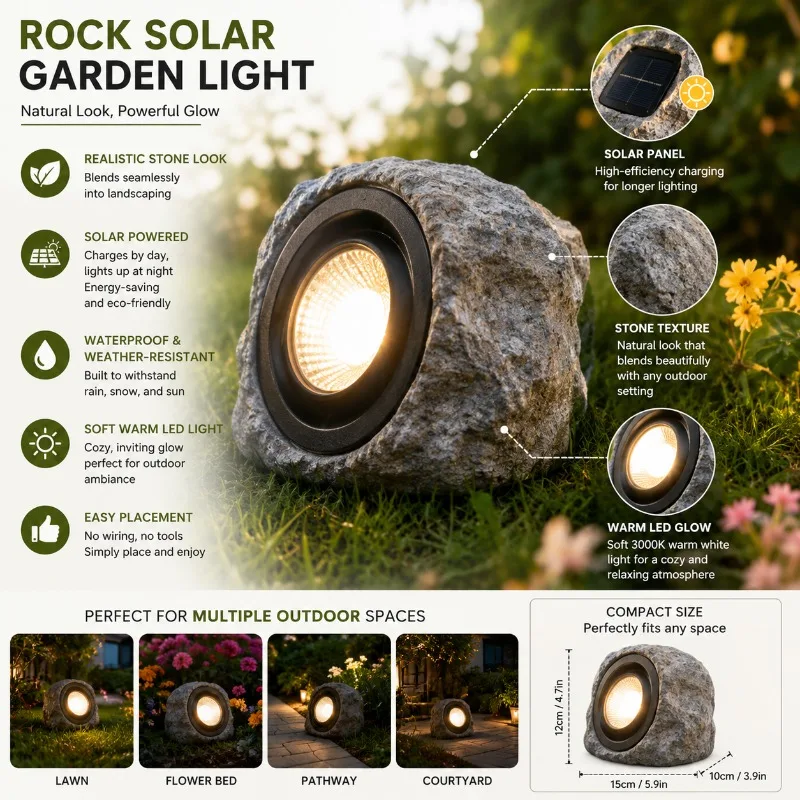 Solar Resin Garden Landscape Light Creative Courtyard LED Lamp with Simulated Rockery Stone Design Waterproof Outdoor Spotlight