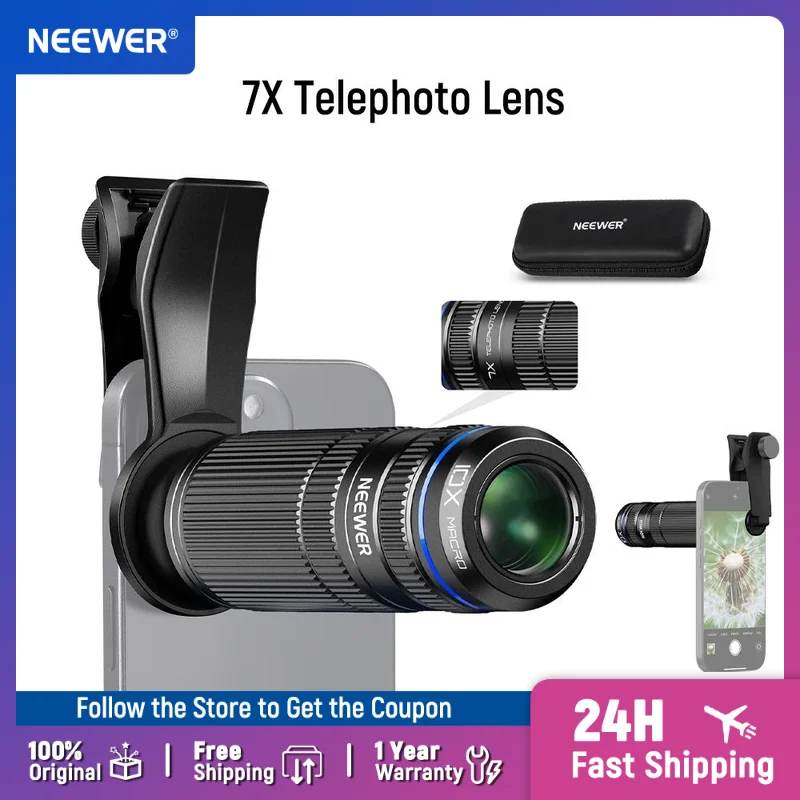 NEEWER 7X Telephoto Lens with Phone Camera Lens Clip, Detachable 10X Macro for Phone Cage/Case Compatible with iPhone Samsung