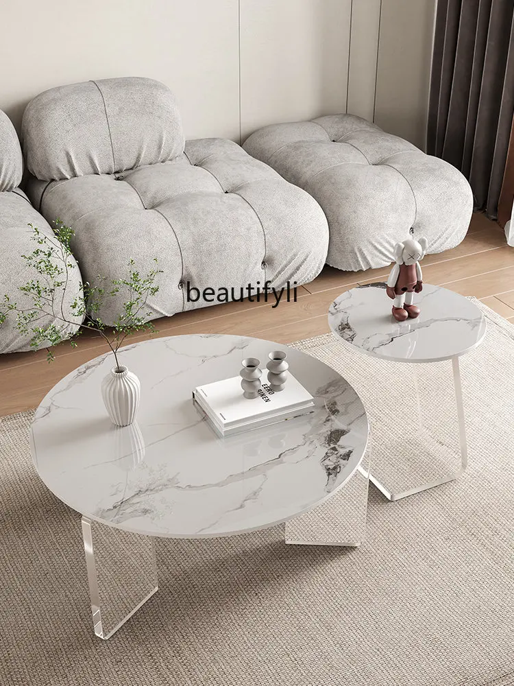 

zq Italian Living Room Small Apartment Modern Creative Suspension Acrylic Simple round Stone Plate Coffee Table