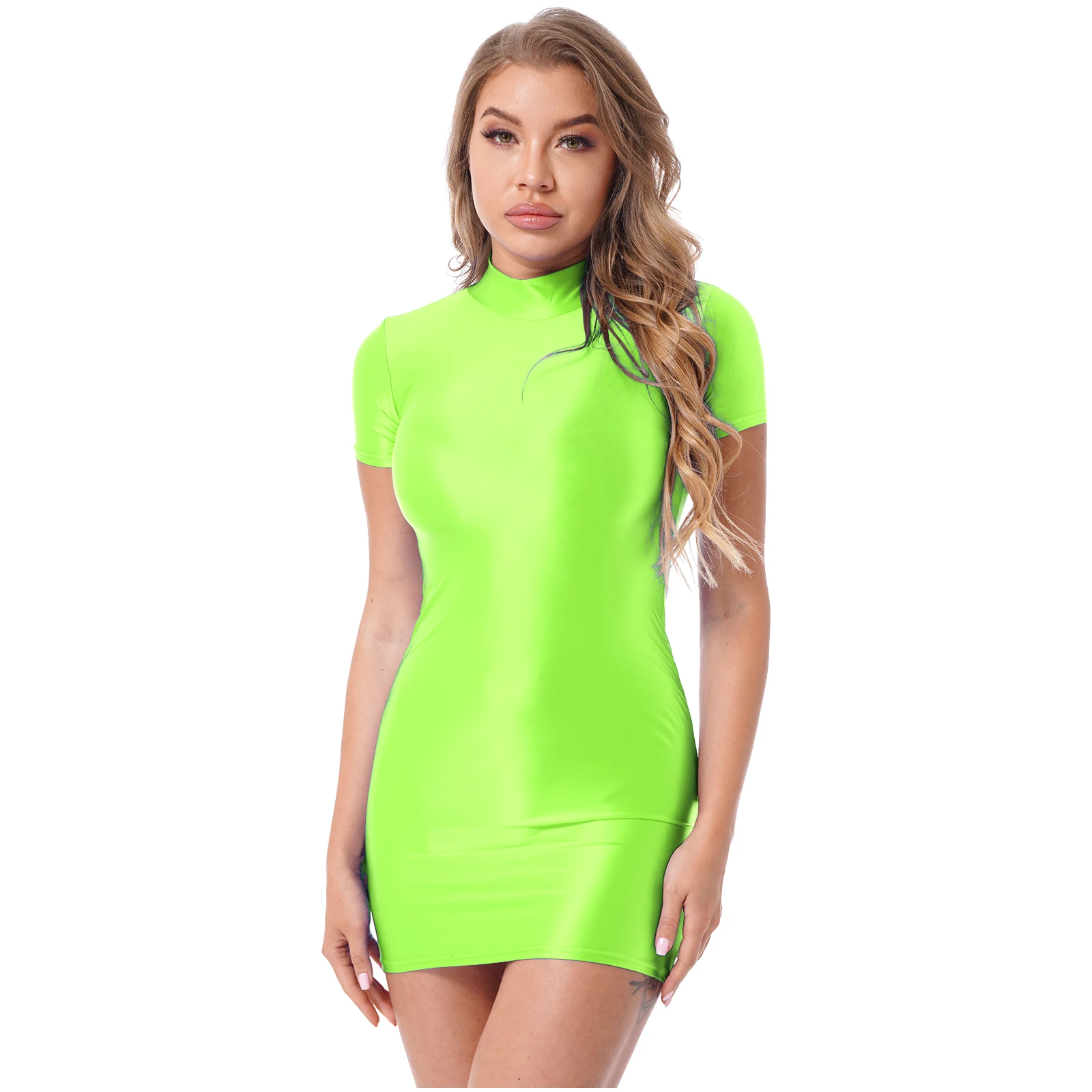 Sexy Women's Bodycon Dress Short Sleeve Glossy Shiny Mini Dresses for Rave Party Clubwear Prom Club Bar Pole Dancing Clothes