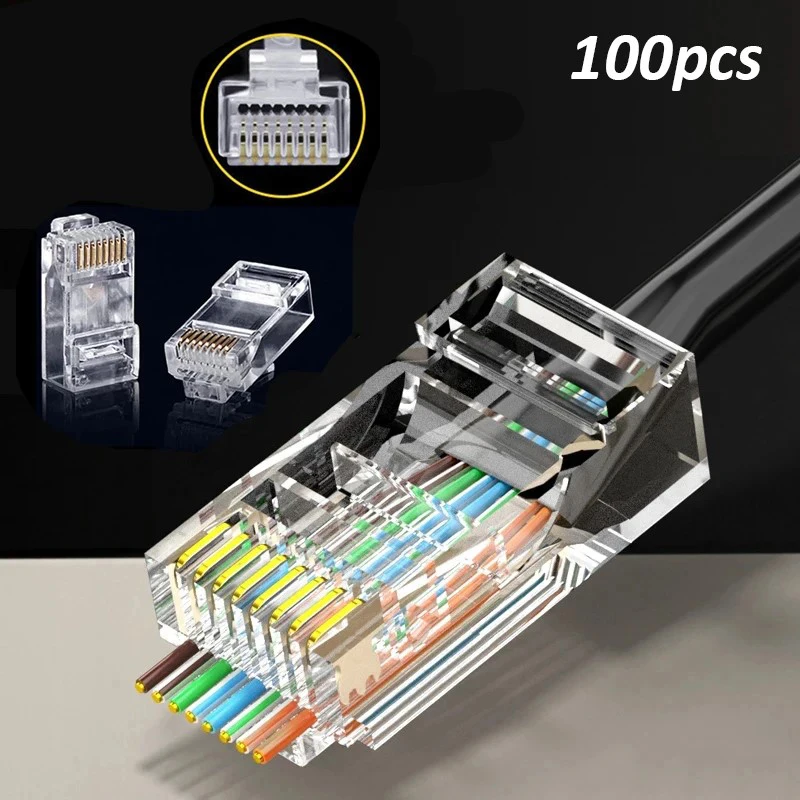 

100 шт. разъемов RJ45 8P8C, модульные сетевые коннекторы с позолоченными контактами для кабелей Cat6, Cat5, Cat5e
