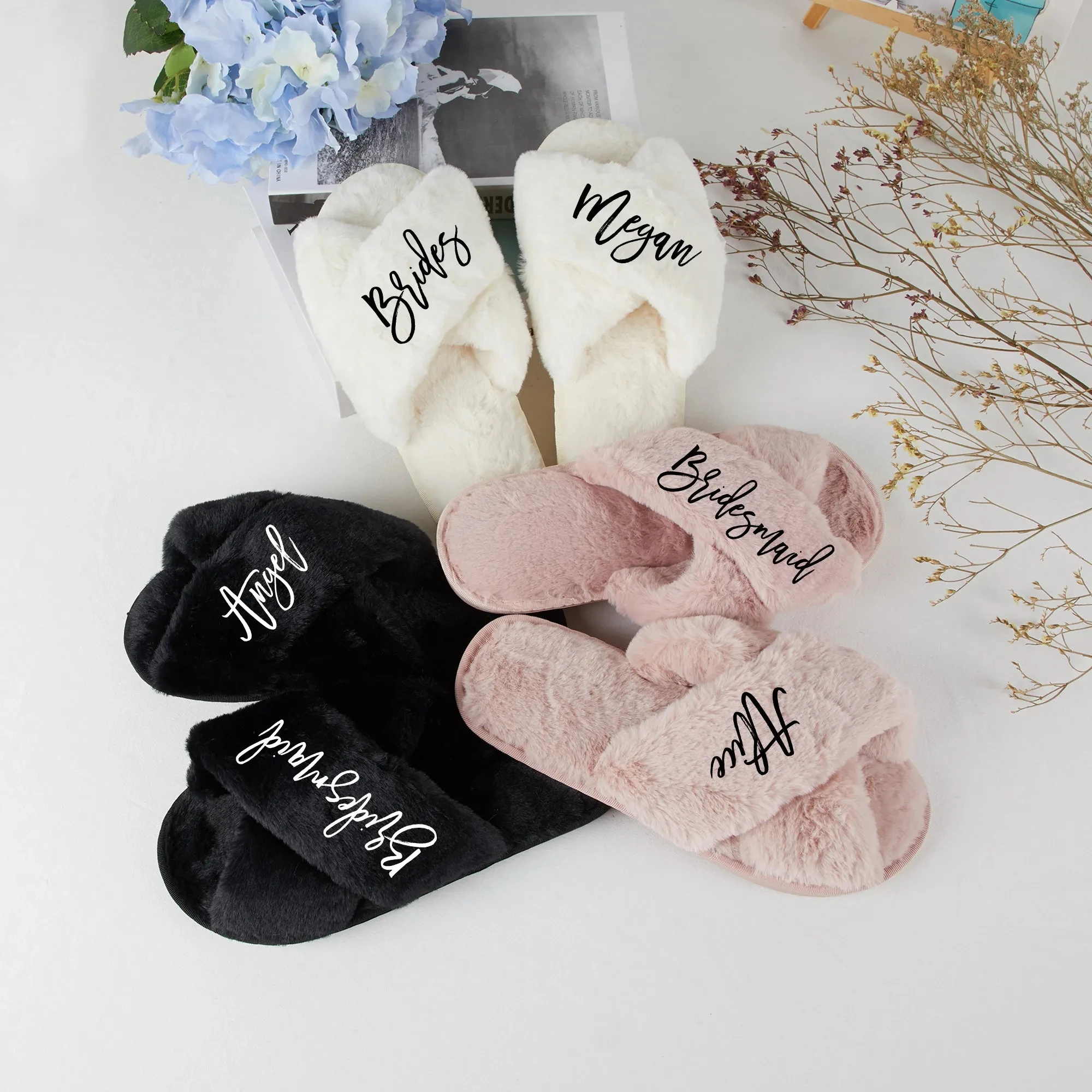 Personalized Bridal Slipper Wedding Plush Winter Warm Soft Female Plush House Shoes Womens Slip Wedding Bridesmaid Gifts