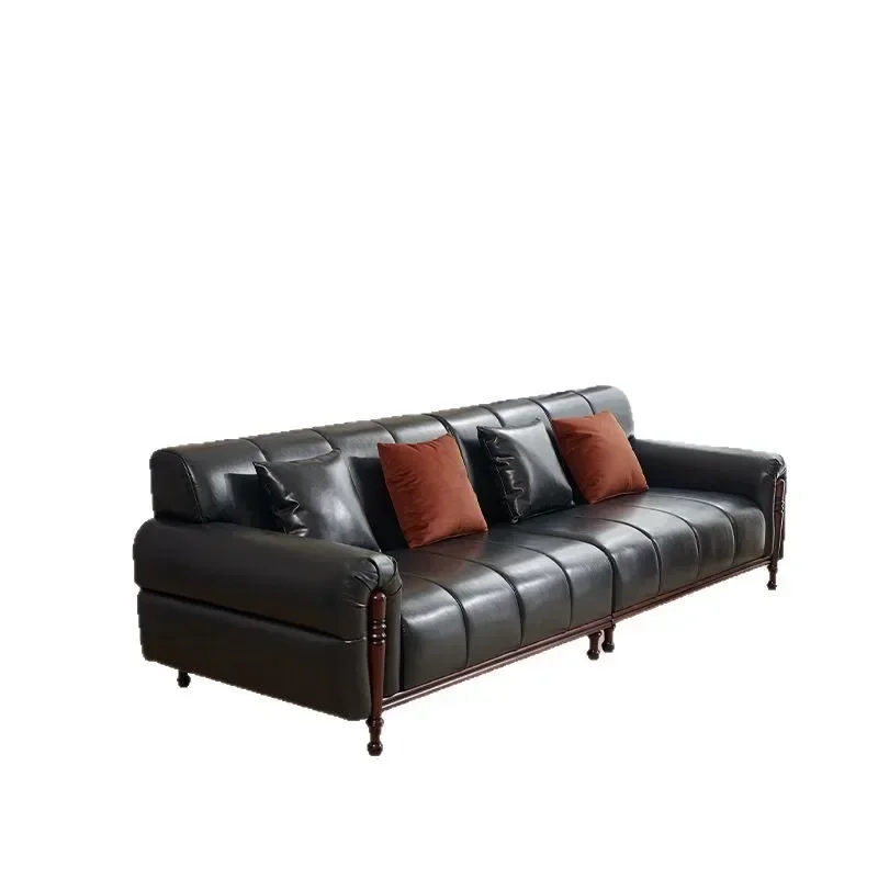 

American, retro, solid wood, sofa, French, simple, leather sofa, medieval style, black, high-end, new Chinese style
