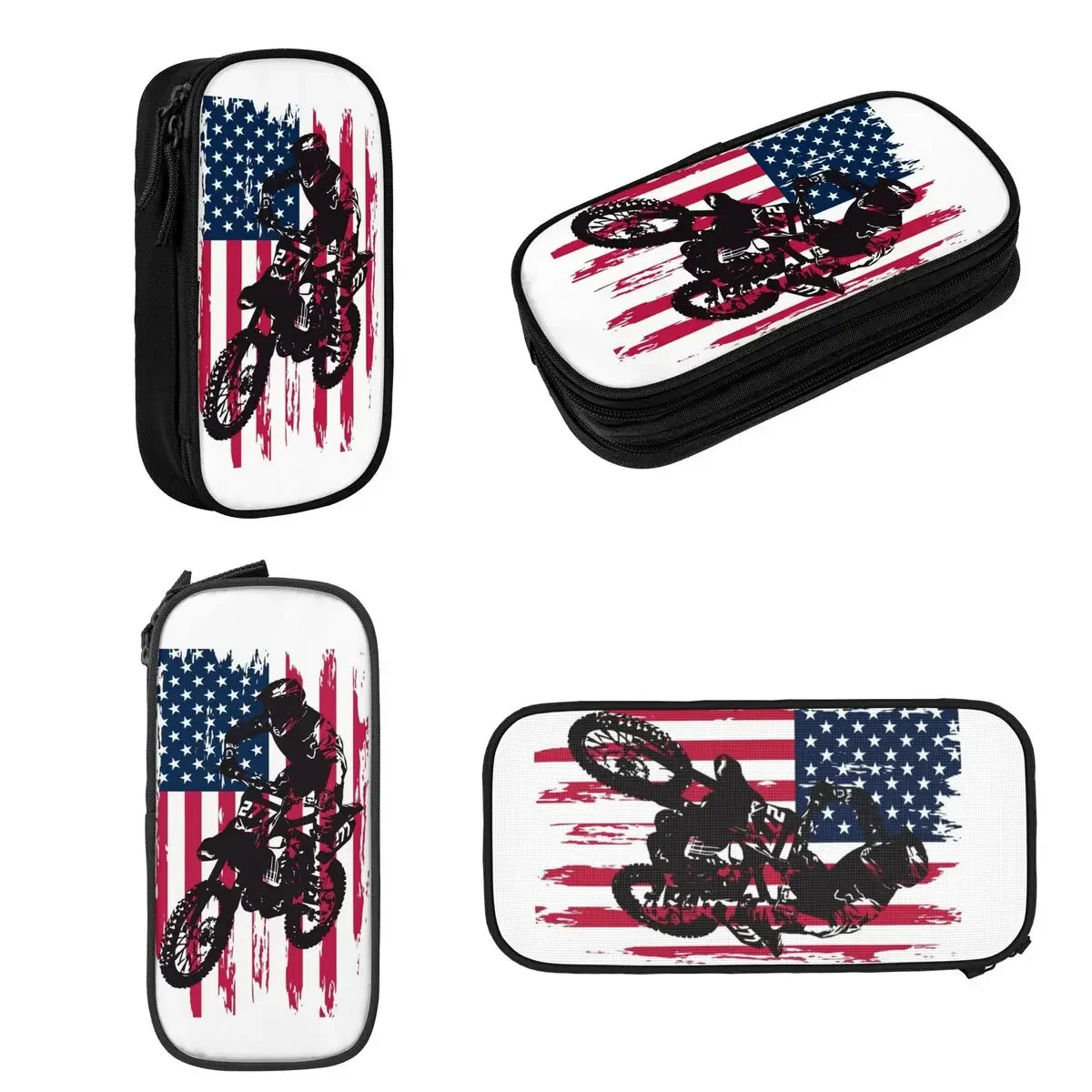 Dirt Bike Motocross USA American Flag Pencil Cases Big Capacity Pen Bags Pen Box Pencil Pouch For Boys Girls Stationery School